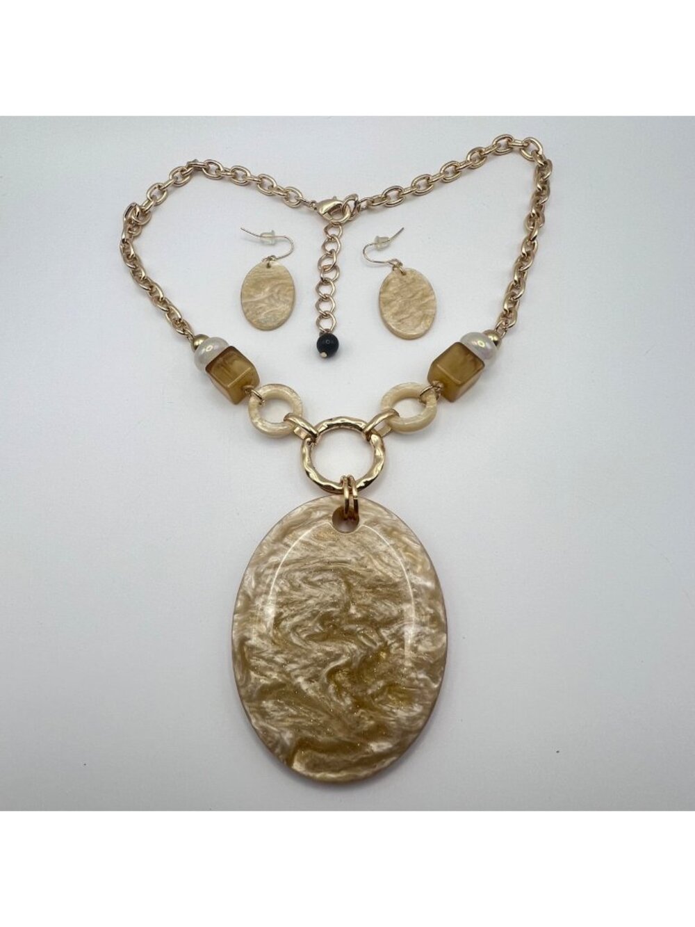 Vintage Lucite Statement Necklace  Earrings Set Marbled Beige Pendant Gold Tone